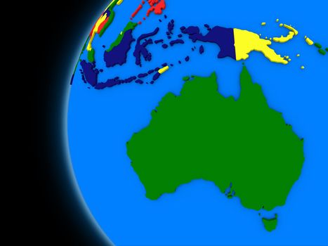 Illustration of Australian continent on political globe with black background