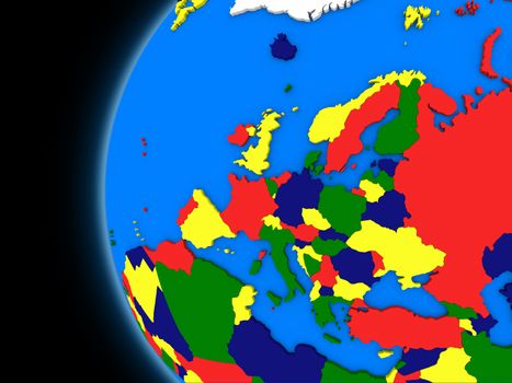 Illustration of European continent on political globe with black background