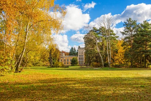 Berlin, Germany - October 27, 2013: Castle at Peacock Island "Schloss auf der Pfaueninsel" in lake Wannsee. A nearby recreational area of Berlin.