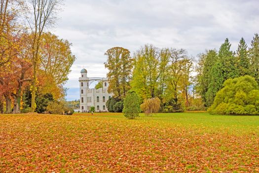 Berlin, Germany - October 27, 2013: Castle at Peacock Island "Schloss auf der Pfaueninsel" in lake Wannsee. A nearby recreational area of Berlin.