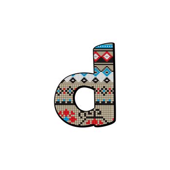 Decorated original font, pixel art ethnic model inspired by a Balkan motif over a funny fat small letter isolated on white