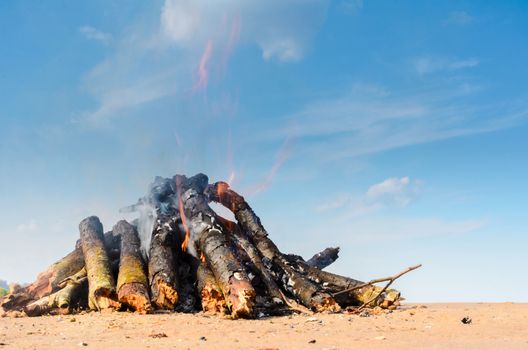 Burning firewood on the seashore