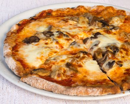 In the picture a slice of pizza with tomato, mozzarella cheese and mushrooms served on a white dish at the restaurant.