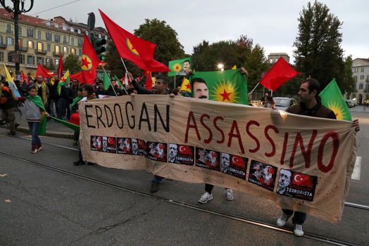 ITALY, Turin: Thousands march through Turin, Italy on October 13, 2015 to show solidarity with the people of Turkey, after the weekend's bombings in Ankara that left at least 97 dead. Demonstrators protest against the Turkish government, blaming the administration for the attack. Some Kurdish and leftist activists have asserted that these bombings were perpetrated in part by Turkey's governing AKP administration, intended as a blow to the pro-Kurdish HDP opposition ahead of the snap parliamentary elections in November. 