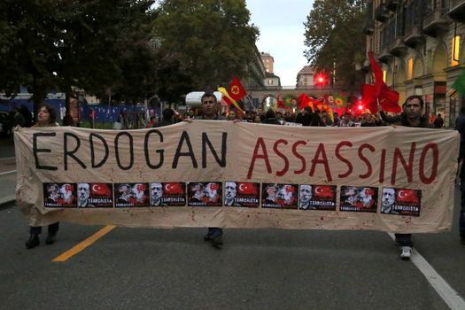 ITALY, Turin: Thousands march through Turin, Italy on October 13, 2015 to show solidarity with the people of Turkey, after the weekend's bombings in Ankara that left at least 97 dead. Demonstrators protest against the Turkish government, blaming the administration for the attack. Some Kurdish and leftist activists have asserted that these bombings were perpetrated in part by Turkey's governing AKP administration, intended as a blow to the pro-Kurdish HDP opposition ahead of the snap parliamentary elections in November. 