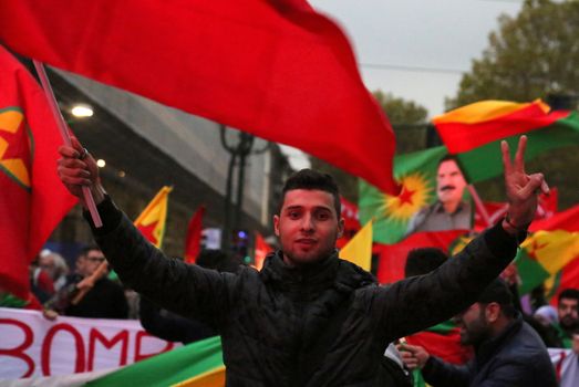 ITALY, Turin: A man makes peace signs as thousands march through Turin, Italy on October 13, 2015 to show solidarity with the people of Turkey, after the weekend's bombings in Ankara that left at least 97 dead. Demonstrators protest against the Turkish government, blaming the administration for the attack. Some Kurdish and leftist activists have asserted that these bombings were perpetrated in part by Turkey's governing AKP administration, intended as a blow to the pro-Kurdish HDP opposition ahead of the snap parliamentary elections in November. 
