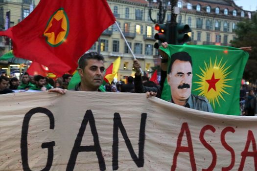 ITALY, Turin: Thousands march through Turin, Italy on October 13, 2015 to show solidarity with the people of Turkey, after the weekend's bombings in Ankara that left at least 97 dead. Demonstrators protest against the Turkish government, blaming the administration for the attack. Some Kurdish and leftist activists have asserted that these bombings were perpetrated in part by Turkey's governing AKP administration, intended as a blow to the pro-Kurdish HDP opposition ahead of the snap parliamentary elections in November. 