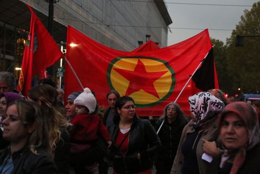ITALY, Turin: Thousands march through Turin, Italy on October 13, 2015 to show solidarity with the people of Turkey, after the weekend's bombings in Ankara that left at least 97 dead. Demonstrators protest against the Turkish government, blaming the administration for the attack. Some Kurdish and leftist activists have asserted that these bombings were perpetrated in part by Turkey's governing AKP administration, intended as a blow to the pro-Kurdish HDP opposition ahead of the snap parliamentary elections in November. 