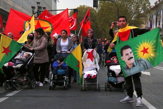 ITALY, Turin: Thousands march through Turin, Italy on October 13, 2015 to show solidarity with the people of Turkey, after the weekend's bombings in Ankara that left at least 97 dead. Demonstrators protest against the Turkish government, blaming the administration for the attack. Some Kurdish and leftist activists have asserted that these bombings were perpetrated in part by Turkey's governing AKP administration, intended as a blow to the pro-Kurdish HDP opposition ahead of the snap parliamentary elections in November. 