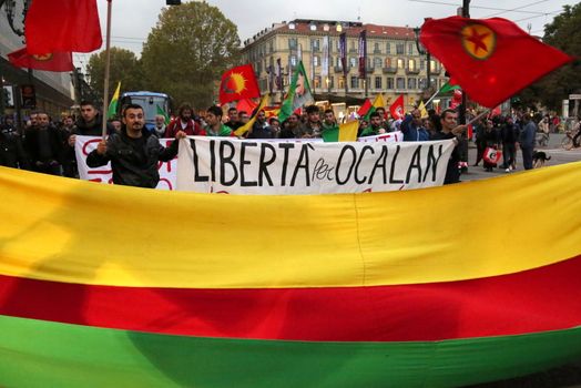 ITALY, Turin: Thousands march through Turin, Italy on October 13, 2015 to show solidarity with the people of Turkey, after the weekend's bombings in Ankara that left at least 97 dead. Demonstrators protest against the Turkish government, blaming the administration for the attack. Some Kurdish and leftist activists have asserted that these bombings were perpetrated in part by Turkey's governing AKP administration, intended as a blow to the pro-Kurdish HDP opposition ahead of the snap parliamentary elections in November. 