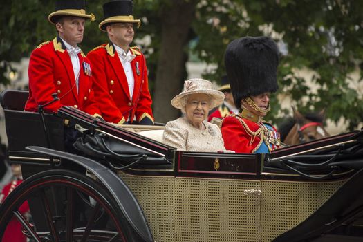 Queen Elizabeth II in an open carriage with Prince Philip. Trooping the colour 2015 marking the Queens official birthday, London, UK