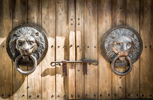 Antique door knocker shaped like a lion's head.