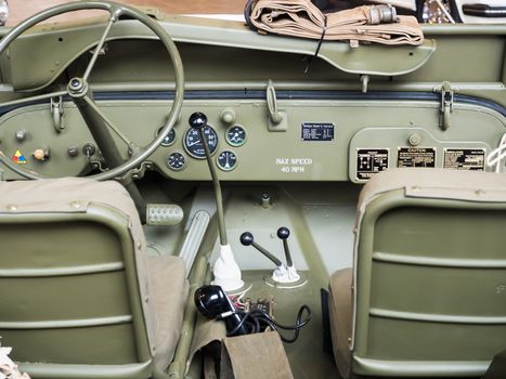 VERONA, ITALY - MAY 9: Dashboard of an old green military jeep.