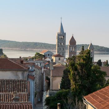 View of the town of Rab, Croatian tourist resort famous for its bell towers.