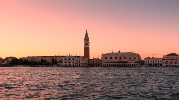 Venice panorama view at sunset from the sea.