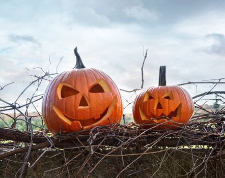 Funny face pumpkins sitting on grapevine and fence
