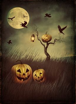 Pumpkin scarecrow in fields of tall grass at night with vintage look