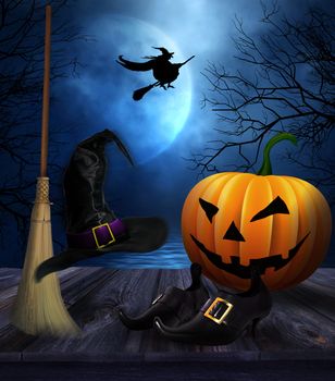 Witches broom hat and shoes with spooky Halloween background