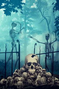 Skulls and Skeletons in creepy graveyard