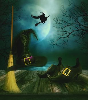 Witches broom hat and shoes with spooky Halloween background