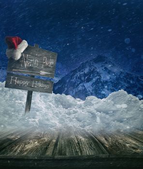 Christmas holiday background with sign post and Santa hat