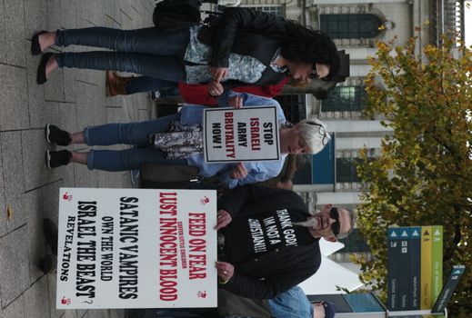 UK, Belfast: Pro-Palestinian campaigners held a demonstration at Belfast City Hall on October 10, 2015. The protesters accused the Israeli army of deliberately targeting civilians and called for a boycott of Israeli goods. 