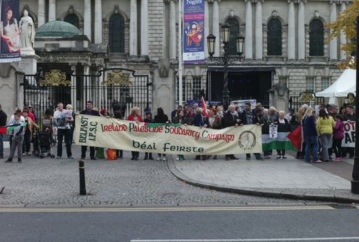 UK, Belfast: Pro-Palestinian campaigners held a demonstration at Belfast City Hall on October 10, 2015. The protesters accused the Israeli army of deliberately targeting civilians and called for a boycott of Israeli goods. 