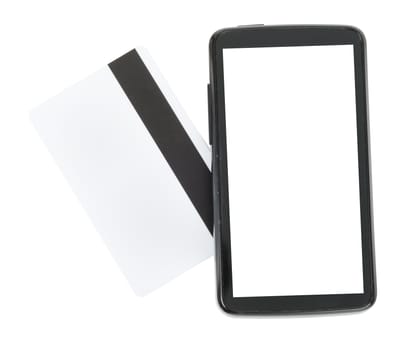 Smartphone with credit card on isolated white background