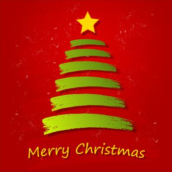merry christmas - text with drawn green christmas tree and golden star