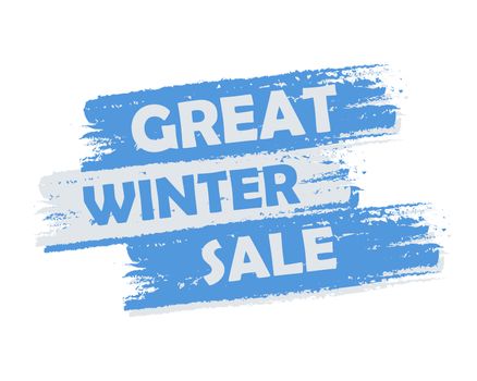 great winter sale banner - text in blue and white drawn label, business seasonal shopping concept
