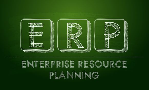 erp, enterprise resource planning systems - chalk text over black board, business concept
