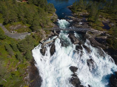 Popular norwegian waterfalls Likholefossen seen from air