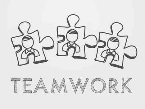 teamwork and puzzle pieces with person signs over white background, business team building concept