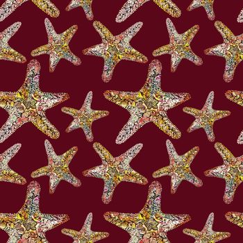 Seamless doodle sketch watercolor background with star fish on dark red for textile design