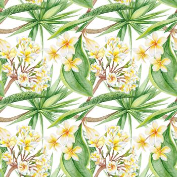 Hand-painted watercolor botanical illustration with plumeria flowers and yucca tree on white background for textile design 