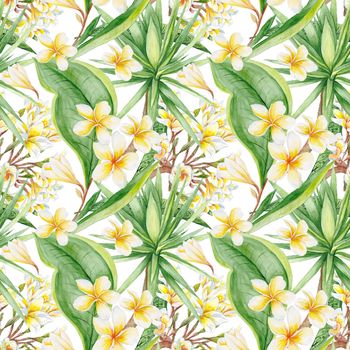 Seamless hand-painted watercolor background with yellow plumeria and green yucca tree for textile, interior and wallpaper design