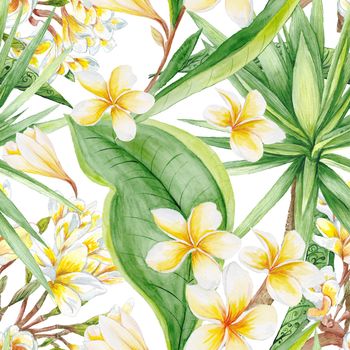 Hand-painted watercolor botanic illustration with plumeria flowers and yucca tree, seamless tile