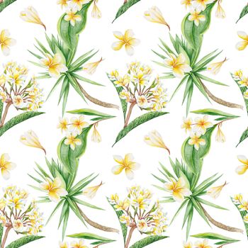 Exotic Plants botanic illustration with plumeria flowers and yucca tree, seamless tile