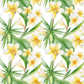 Hand-painted watercolor botanic illustration with plumeria flowers and yucca tree, seamless tile