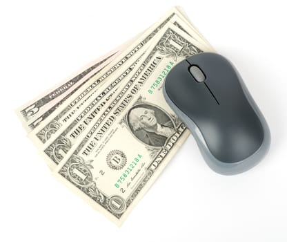Computer mouse with cash on isolated white background, close up view