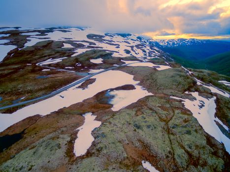Aerial view of orange colored landscape in mountain pass Ryfylke in Norway