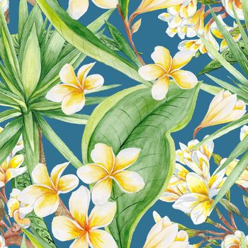 Seamless hand-painted watercolor background with yellow plumeria and green yucca tree for textile, interior and wallpaper design