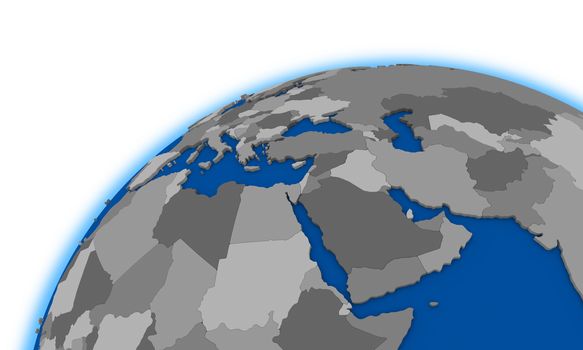 middle east region on globe, political map