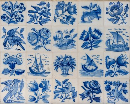 Ceramic azulejo tiles outside the old building in Lisbon, Portugal.