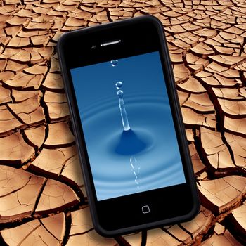 A smartphone with an image of pure clean drinking water on a background of a drought stricken area.