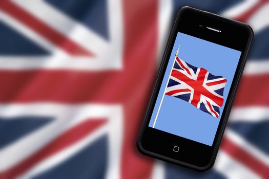 The national flag of Great Britain - with the flag on a smartphone screen.