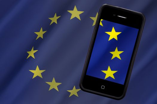 The national flag of the European Union and a smartphone