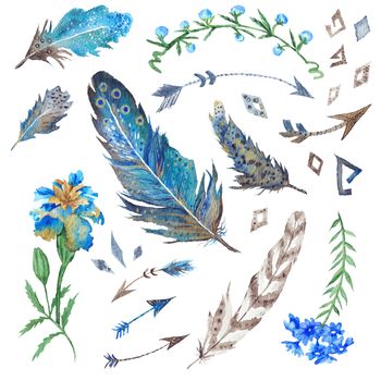 Collection of stylish watercolor hand-painted feathers, florals, arrows and triangles in boho style 