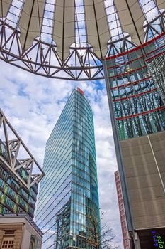 Berlin, Germany - October 28, 2013: View of the Deutsche Bahn (German Rail) building from Sony Center at Potsdamer Platz square.