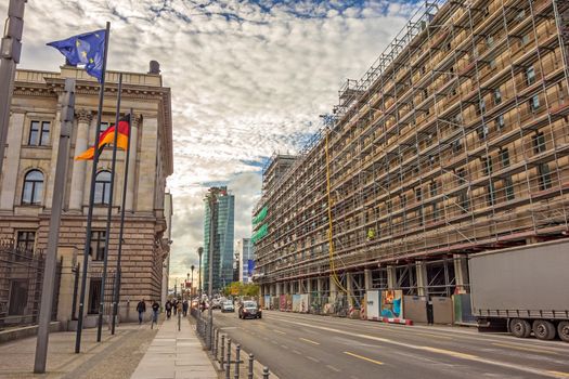Berlin, Germany - October 28, 2013: Street Leipziger Strasse - view towards Potsdamer Platz square, German Bundesrat on the left.